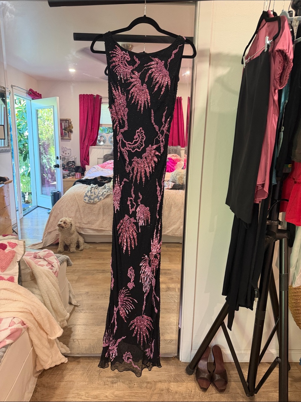 Black Maxi Dress with Pink Sequin Palm Motifs vintage 100% silk